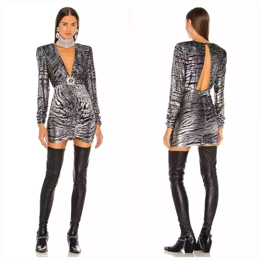 Dundas x Revolve Stardust mini dress silver tiger print black short party NWT S